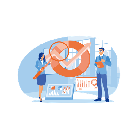 Mann und Frau analysieren Diagramm  Illustration