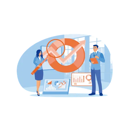 Mann und Frau analysieren Diagramm  Illustration