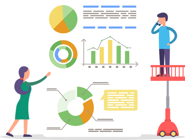 Mann und Frau arbeiten an Analytics-Präsentation  Illustration