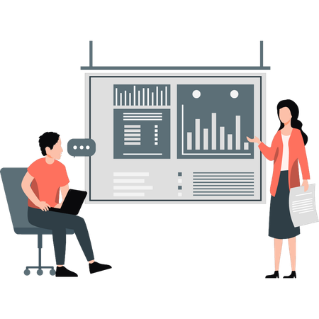 Mann und Frau arbeiten an Geschäftsdiagrammen  Illustration