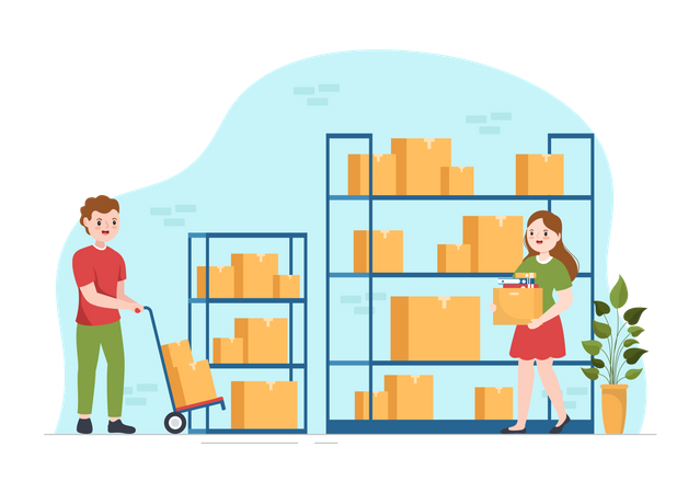 Mann und Frau arbeiten im Selfstorage  Illustration