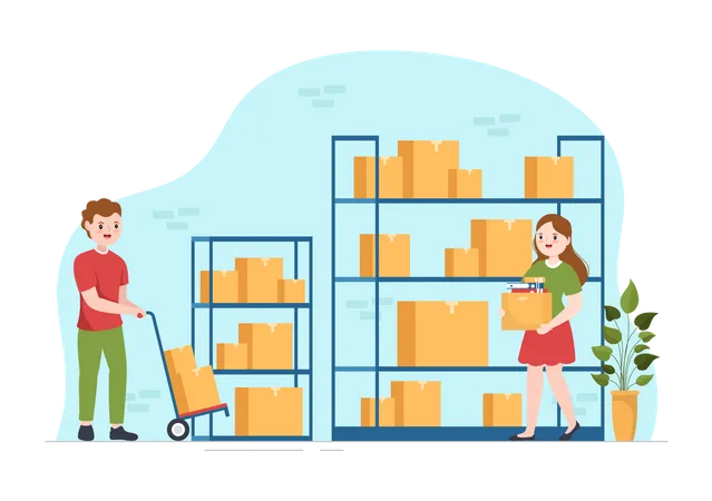 Mann und Frau arbeiten im Selfstorage  Illustration