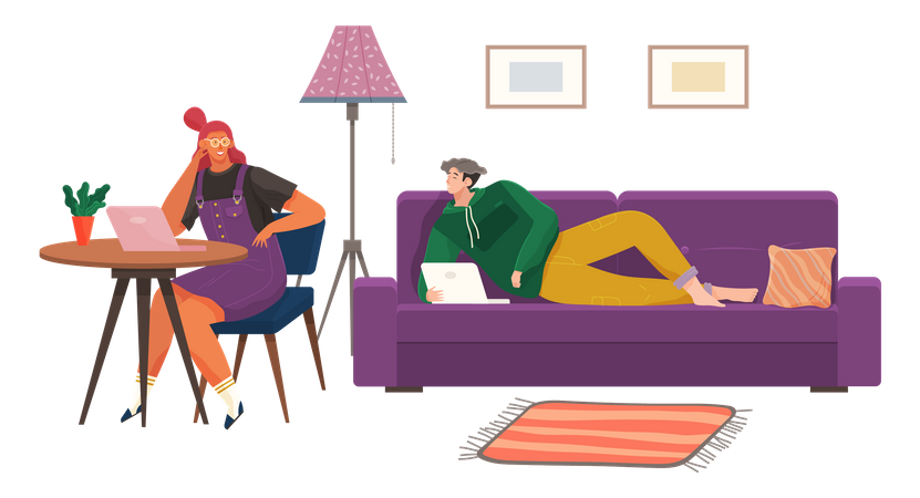 Mann und Frau arbeiten zusammen zu Hause  Illustration