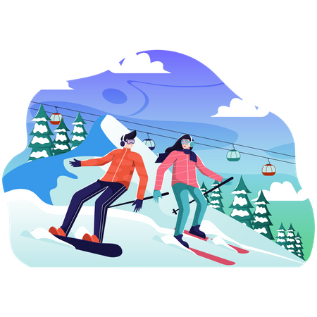 Mann und Frau beim Skifahren im Schnee  Illustration