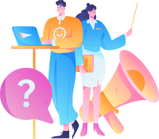 Mann und Frau erhalten Marketing-FAQ  Illustration