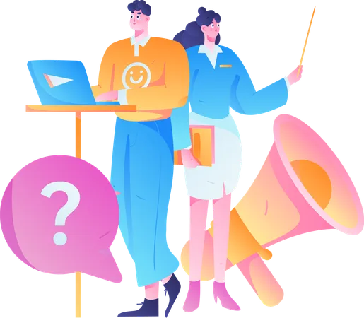 Mann und Frau erhalten Marketing-FAQ  Illustration