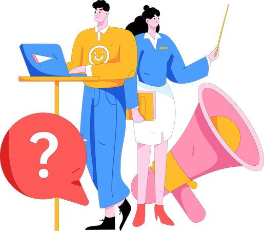 Mann und Frau erhalten Marketing-FAQ  Illustration