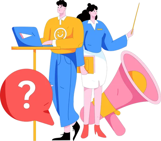 Mann und Frau erhalten Marketing-FAQ  Illustration