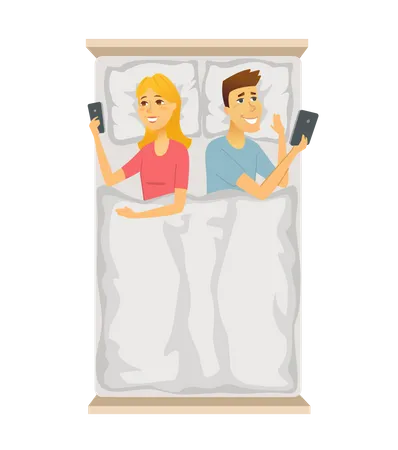 Mann und Frau benutzen Handy im Schlafzimmer  Illustration