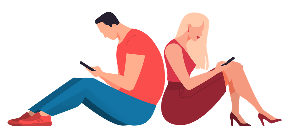 Mann und Frau benutzen Handy, während sie auf dem Boden sitzen  Illustration