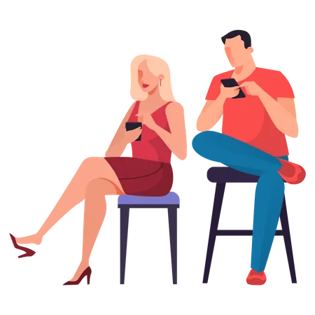 Mann und Frau benutzen Handy, während sie auf einem Stuhl sitzen  Illustration