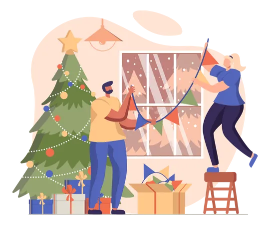 Mann und Frau dekorieren Haus zu Weihnachten  Illustration