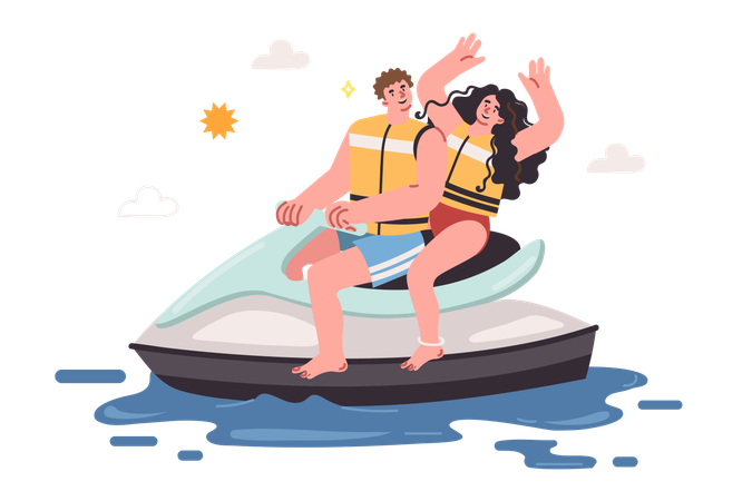 Mann und Frau fahren Jetski und verbringen gemeinsam die Sommerferien  Illustration