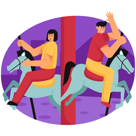 Mann und Frau fahren Karussell im Vergnügungspark  Illustration