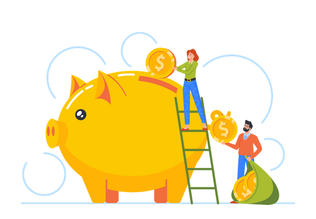 Mann und Frau stehen auf einer Leiter und werfen Goldmünzen in ein riesiges Sparschwein  Illustration