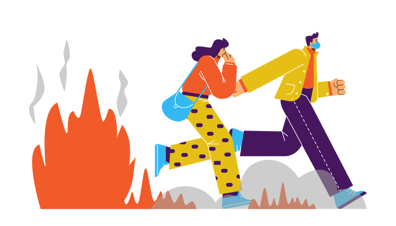 Mann und Frau fliehen vor Feuer  Illustration