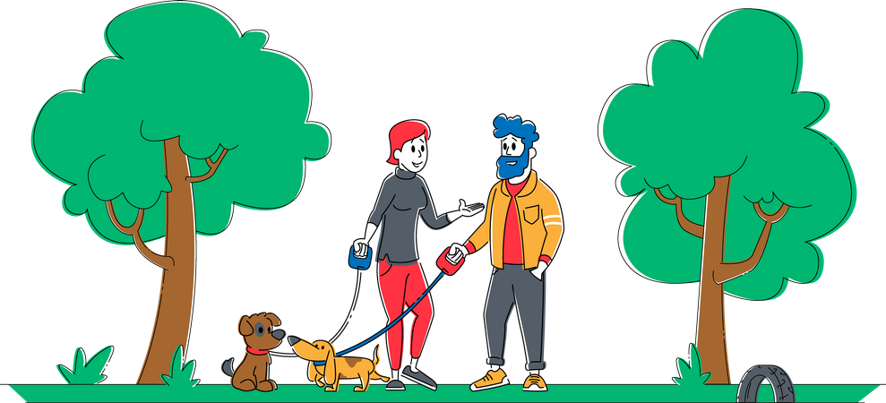 Mann und Frau gehen mit Hunden im Park spazieren  Illustration