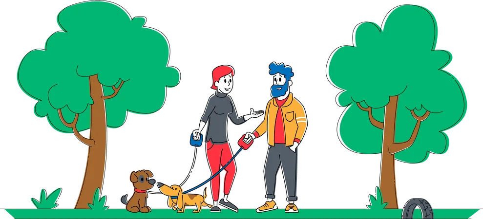 Mann und Frau gehen mit Hunden im Park spazieren  Illustration