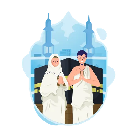 Mann und Frau Hadsch-Pilger trägt Ihram-Kleidung mit einer Kaaba  Illustration