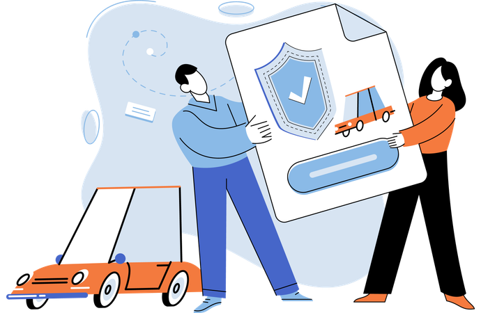 Mann und Frau halten Autoversicherungspapiere  Illustration