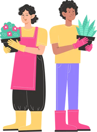 Mann und Frau halten Blumentopf  Illustration