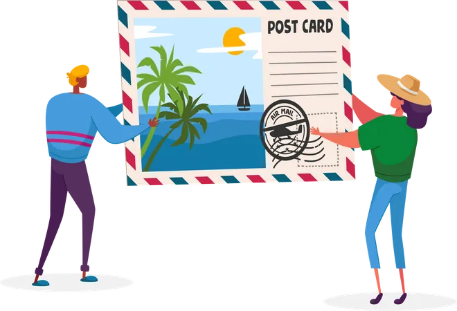 Mann und Frau halten Postkarte mit tropischem Strand und Palmen  Illustration