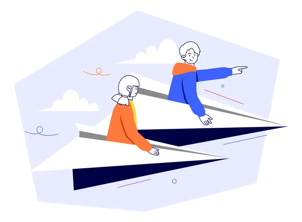 Mann und Frau in einem Papierflugzeug in die Zukunft  Illustration