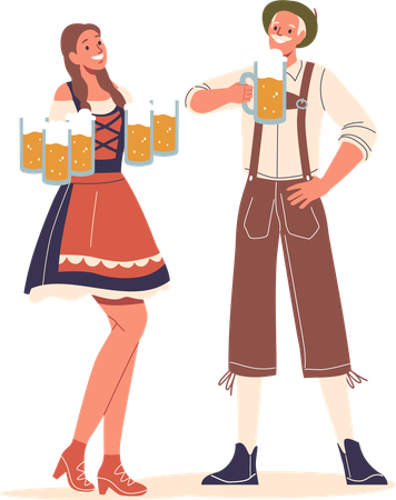 Mann und Frau in traditioneller deutscher Tracht genießen die gemeinsame Zeit  Illustration