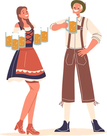 Mann und Frau in traditioneller deutscher Tracht genießen die gemeinsame Zeit  Illustration