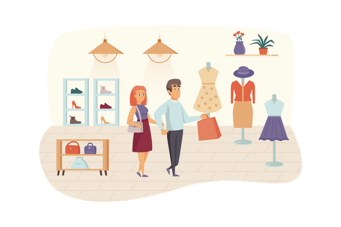 Mann und Frau kaufen modische Kleidung, Schuhe und Taschen  Illustration