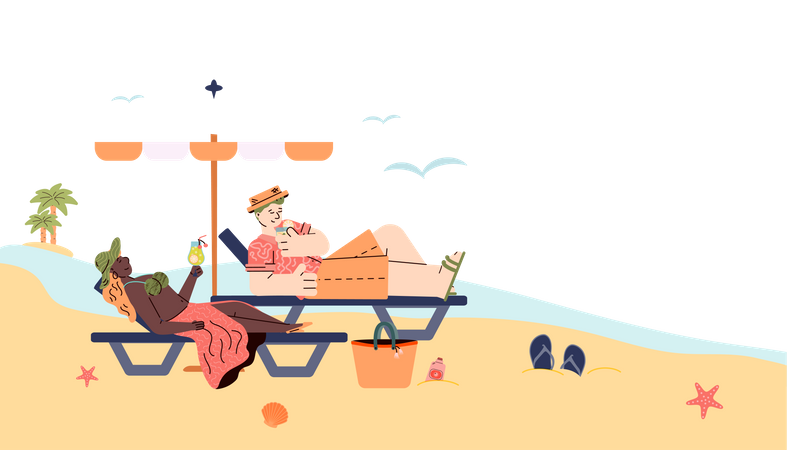 Mann und Frau liegen auf Strandliege und trinken Cocktail  Illustration