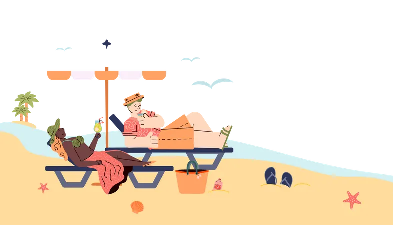 Mann und Frau liegen auf Strandliege und trinken Cocktail  Illustration