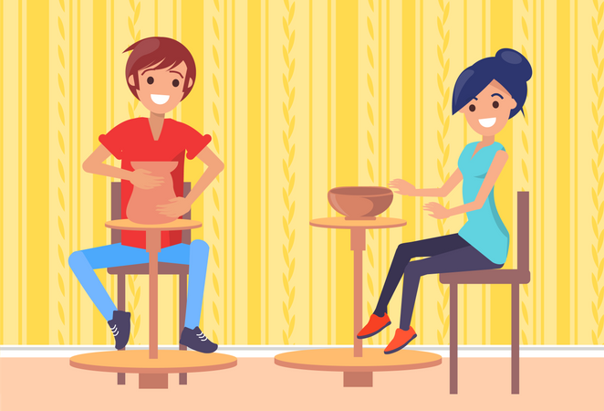 Mann und Frau Meister Herstellung von Töpferwaren in Werkstatt  Illustration