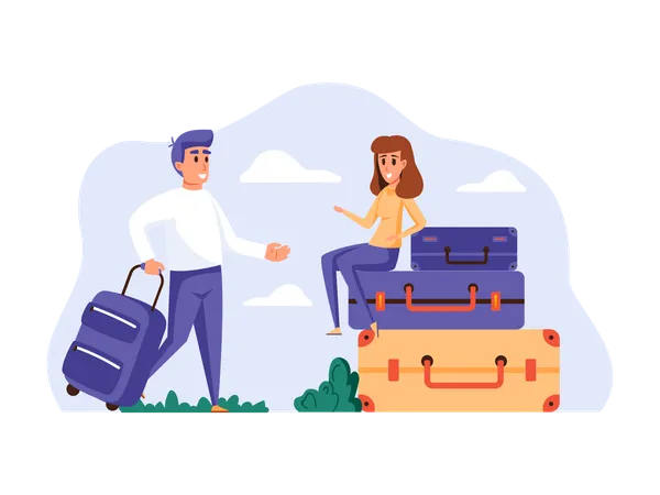 Mann und Frau packen Gepäck für die Tour  Illustration