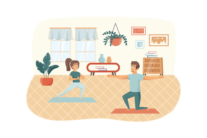 Mann und Frau praktizieren Yoga im Zimmer  Illustration