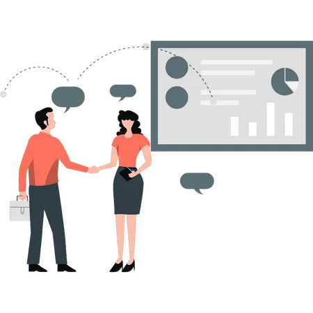 Mann und Frau reden über Geschäftsdiagramm  Illustration