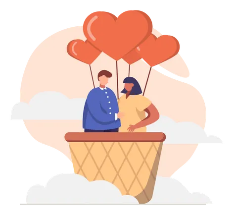 Mann und Frau reisen im Heißluftballon  Illustration