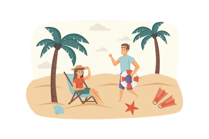 Mann und Frau ruhen sich am Strand am Meer aus, liegen auf der Sonnenliege und nehmen ein Sonnenbad  Illustration