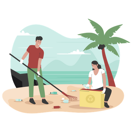 Mann und Frau säubern Strand von Müll  Illustration