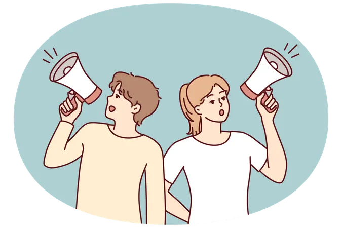 Mann und Frau rufen durch Lautsprecher, um zu einer Veranstaltung einzuladen oder eine Ankündigung zu machen  Illustration