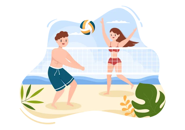 Mann und Frau spielen Beachvolleyball  Illustration