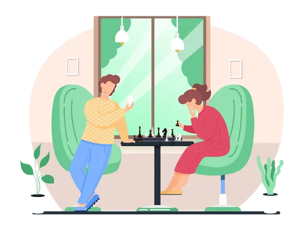 Mann und Frau spielen Schach im Wohnzimmer  Illustration