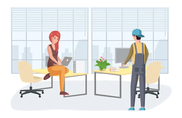 Mann und Frau stehen neben Computer  Illustration