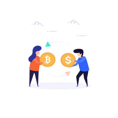 Mann und Frau tauschen Bitcoin und Dollarmünzen  Illustration