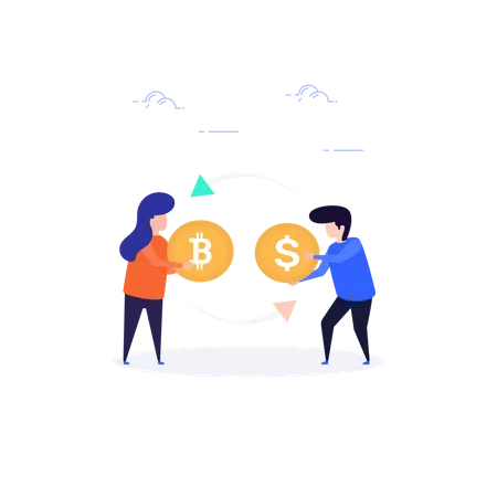 Mann und Frau tauschen Bitcoin und Dollarmünzen  Illustration