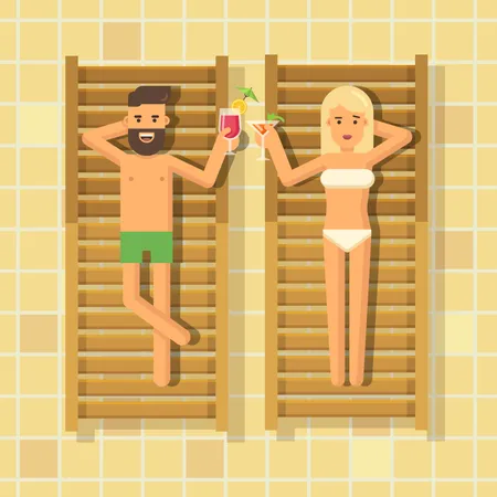 Mann und Frau trinken Cocktails in Liegestühlen am Pool  Illustration