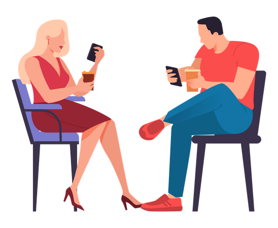 Mann und Frau trinken Kaffee und benutzen dabei das Handy  Illustration