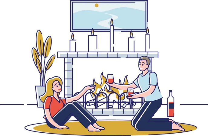 Mann und Frau trinken Wein und sitzen an der Feuerstelle  Illustration