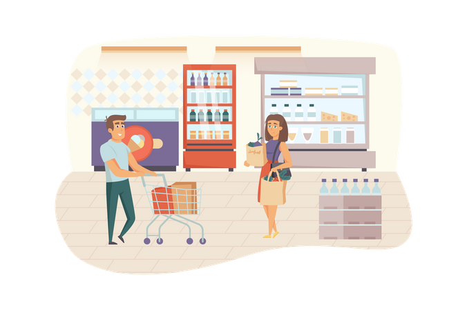 Mann und Frau wählen und kaufen Lebensmittel im Supermarkt  Illustration