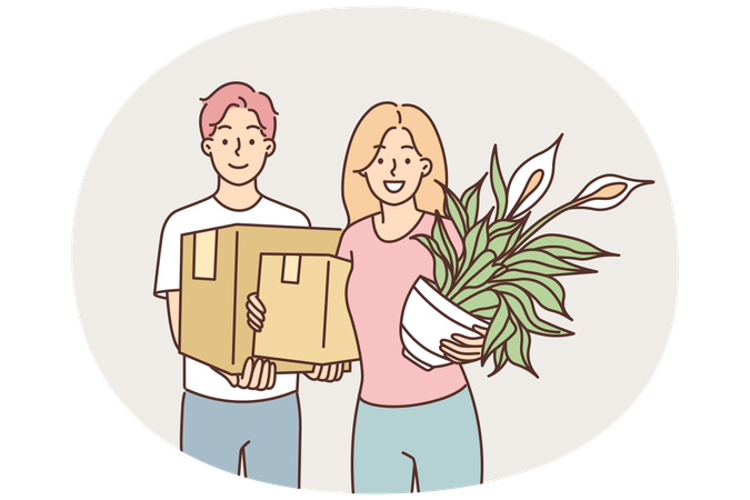 Mann und Frau ziehen gemeinsam in neues Haus, nachdem sie eine eigene Immobilie mit Hypothek gekauft haben  Illustration